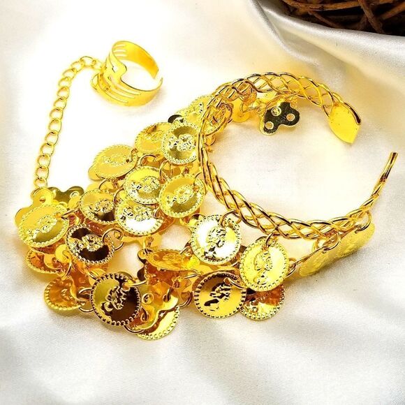 Gold toned Dangle coin charm bracelet and ring. - Picture 3 of 11